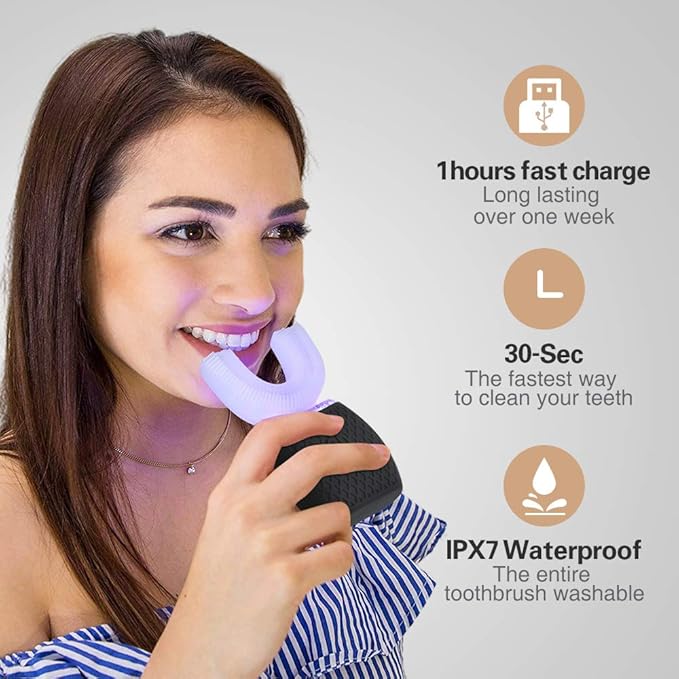 Ultrasonic Automatic Toothbrush, Ultrasonic U-Shaped Toothbrushes for Adult, 360° Mouth Cleaning, Electric ToothBrush with Automatic Timer, Wireless Charging Teethbrush Kit for Travel Or Home (Black)