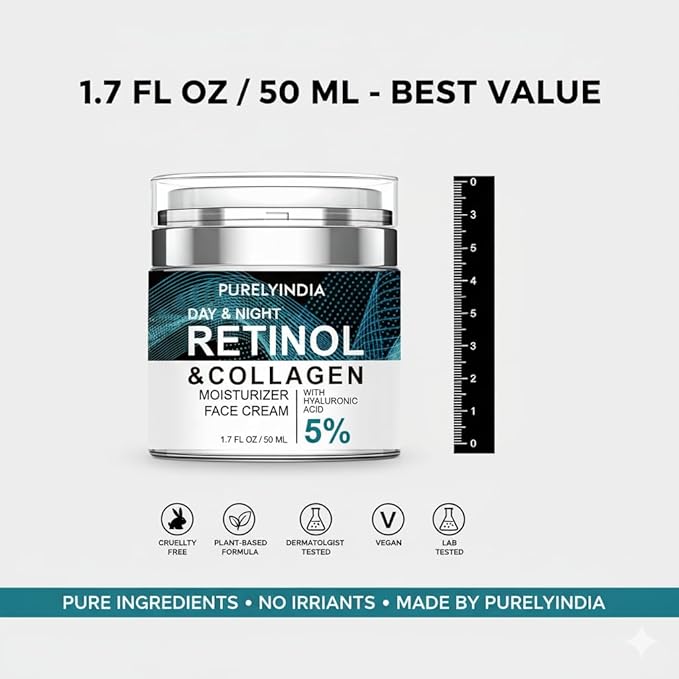 Retinol Cream for Face – Anti-Aging Moisturizer to Reduce Wrinkles & Fine Lines – Hydrating Retinol Night & Day Cream for Smooth, Firm Skin