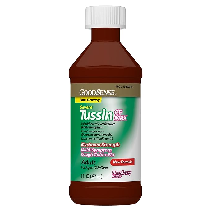 GoodSense Tussin Severe CF Max Multi-Symptom Cough, Cold and Flu, Raspberry Flavor, Cough Medicine, 8 Ounces