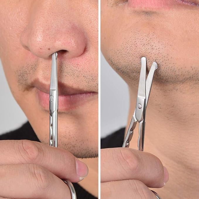 Professional Stainless Steel Curved Rounded Facial Hair Scissors Tweezers Set For Men Moustache, Nose Hair, Beard Trimming Scissors,Safety Use for Eyebrows,Eyelashes,Ear Hair - PU Leather Bag