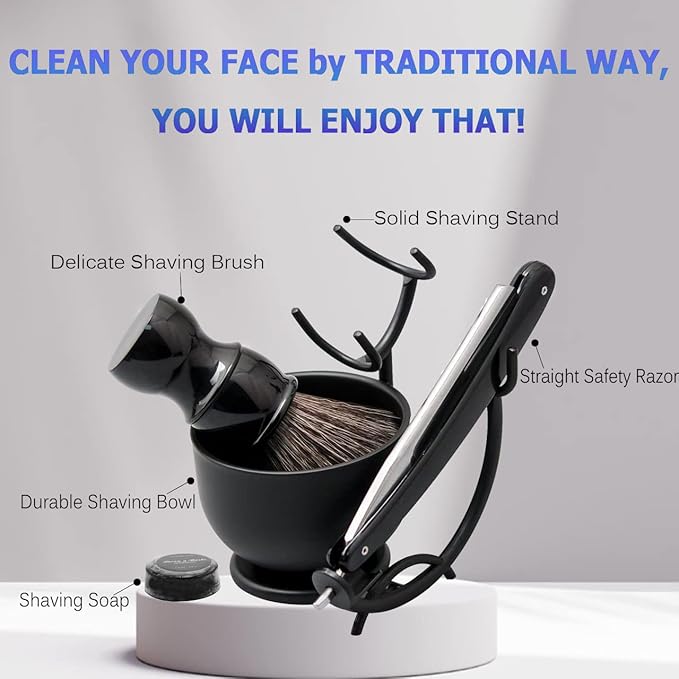 Luxury Men's Shaving Kit Gift Set, DanNuo Barber Straight Razor with Stand Shaving Brush Dual-Layer Leather Razor Strop Bowl Soap 6pcs Shaving Set for Men