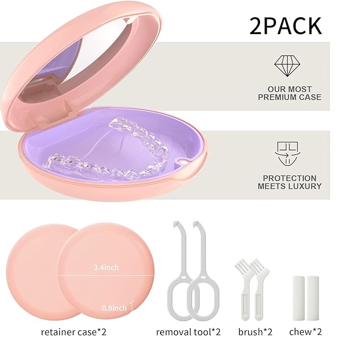 2 Pack Retainer Case with Mirror, Compatible with Invisalign, Orthodontic Aligner Case with Removal Tool and Brush, Pink