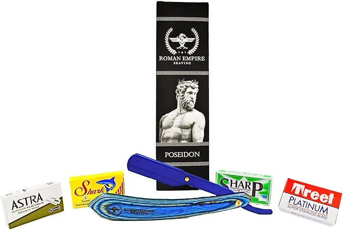Poseidon New Straight Razor for Professional Barber with 20 Blades Sampler ( Astra-Sharp-Shark-Treet )