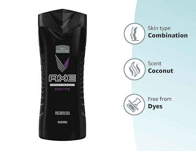 AXE Body Wash 12h Refreshing Scent Excite Crisp Coconut and Black Pepper Men's Body Wash with 100 percent Plant-Based Moisturizers 16 oz