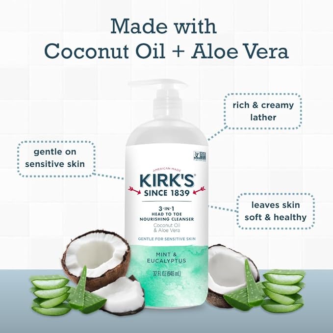 Kirk's 3-in-1 Head to Toe Nourishing Liquid Cleanser - for Men, Women, & Children - Premium Coconut Oil & Aloe Vera - Non GMO & Vegan - Mint and Eucalyptus - 32 Fl Oz. 2 pack