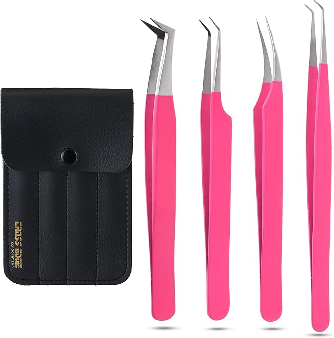 My Lash Tools - Fiber Tip Lash Tweezers for Eyelash Extensions Professional SET OF 4 Isolation, Curved & Volume Lash Tweezers set Japanese Steel Lash Supply (Matte Pink 2)