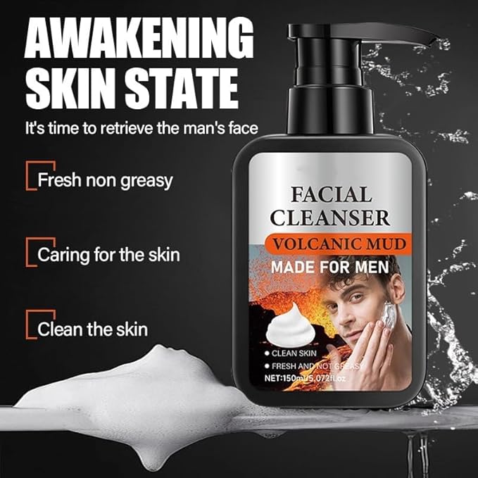 Volcanic Mud Facial Cleanser - Deep Pore Cleansing & Oil Control, Gentle Formula with Coconut Oil & Vitamin C, Face Washing, Mens Beard Face Wash, Exfoliates Skin, Moisturizing for All Skin Types