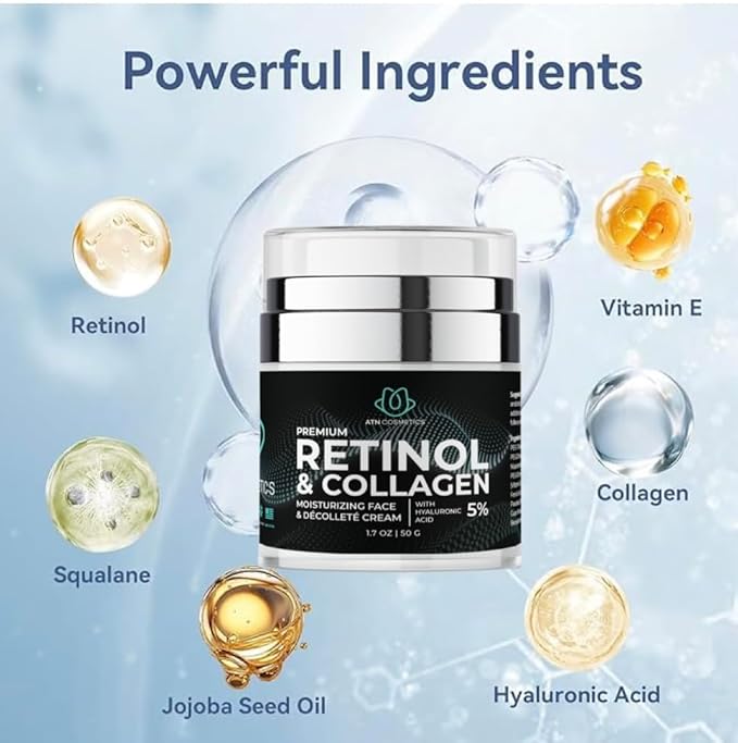 Retinol Cream for Face & Neck, Collagen Moisturizer, Day & Night Cream for Women & Men, Anti Aging, Wrinkle Cream with Hyaluronic Acid, Made in USA