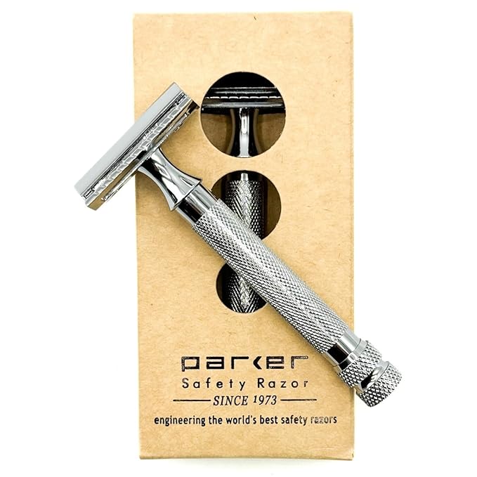 Parker 91R Heavyweight Long Handle Safety Razor – Classic 3-Piece Double Edge Razor for Smooth, Close Shaves – Brass Frame with Textured Chrome Finish – Compatible with All DE Razor Blades