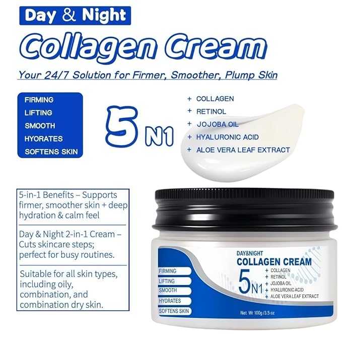 5N1 Collagen Moisturizer with Retinol & Hyaluronic Acid - Deep Hydration Face Cream for Women & Men - Visibly Firms, Smooths Wrinkles, Plumps Skin - Day & Night Cream, 3.5 oz