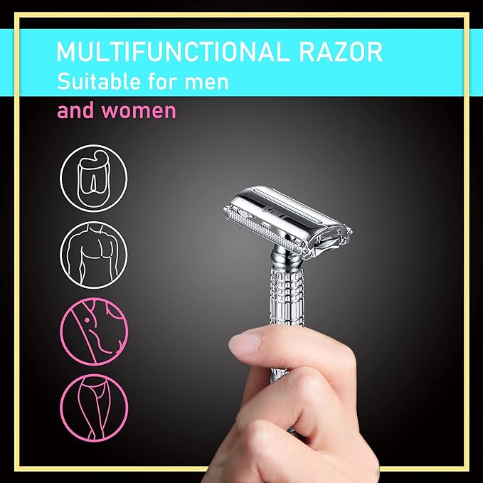 BAILI Butterfly Open TTO Double Edge Metal Safety Razor Wet Shaving Kit for Men Women with Platinum Blade and Mirrored Travel Case BD179