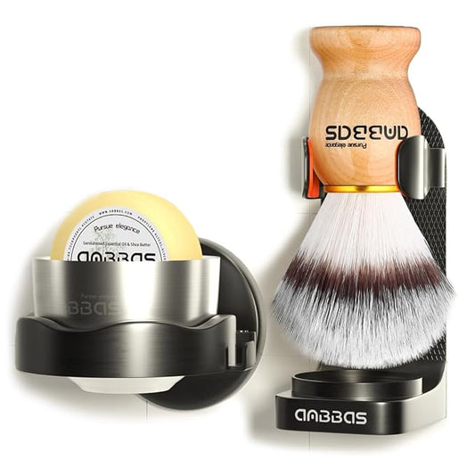 Anbbas 5IN1 Shaving Brush Set,Nylon Bristles Wood Handle and Stainless Steel Soap Bowl,ABS Wall Mounted Shaving Holders for Brush and Bowl with 3.5 oz Shaving Soap Refill