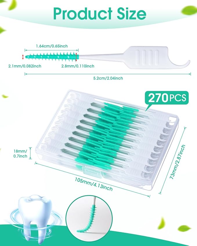270 PCS Dental Floss Picks, Floss Picks for Teeth, Soft Silicone interdental Brush, Toothpicks Dental Brush, Tooth Flossing Picks with Case, Disposable for Teeth Cleaning, Green Color