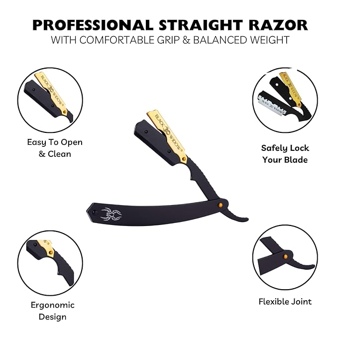 Black Widow Professional Straight Razor – Matte Black & Gold Barber Razor for Men – 1.5 mm Exposure, Swing Lock Grip, Stainless Steel Shavette for Barbers & Beginners pack of 10 blades