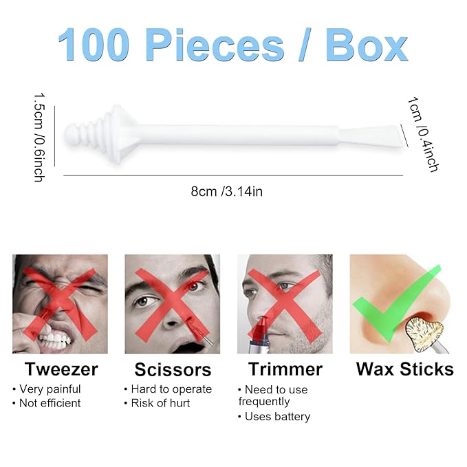 100Pcs Nose Wax Sticks Applicator with Disposable Spatulas for Nostril Cleaning Ear Face Eyebrow Mustache Hair Removal for Men Women, Painless, with Delicate Packing Box for Gift, BlueZOO
