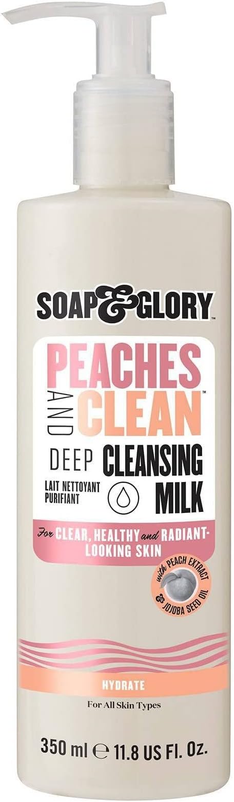 Soap & Glory Peaches & Clean Cleansing Milk - Gentle Face Cleanser + Makeup Remover with Jojoba Oil and Peach & Ginseng Extracts - Hydrating Face Wash for Women for Soft, Radiant Skin (11.8 oz)