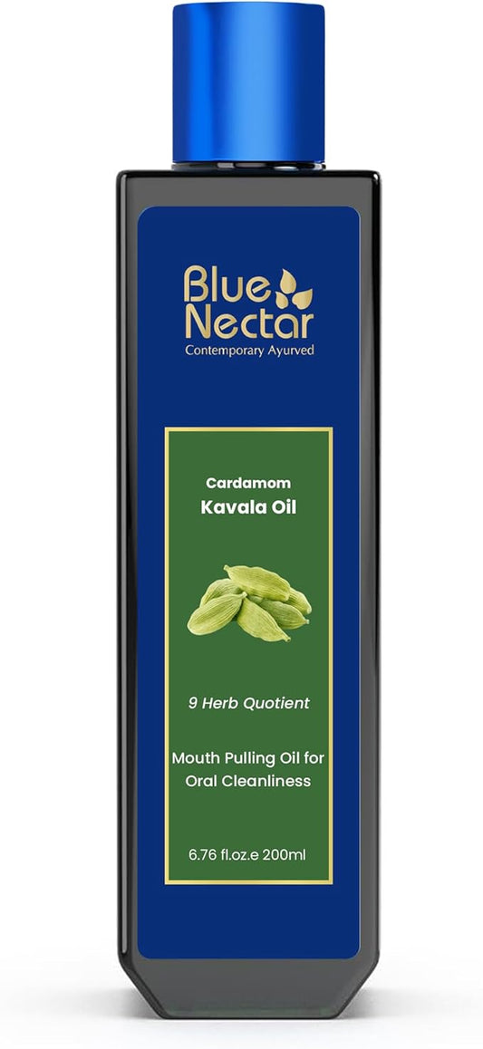 Blue Nectar Cardamom Mint Oil Pulling for Mouth | Ayurvedic Mouth Freshener & Mouthwash | Natural Pulling Oil for Cool Fresh Breath & Daily Oral Care (9 Herbs, 6.76 Fl Oz)