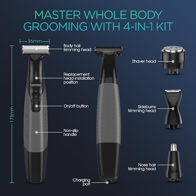 VOYOR Beard Trimmer for Men Electric Razor, Nose Face Body Hair Trimmer with Adjustable Length Combs All in 1 Rechargeable Mens Grooming Kit Cordless Electric Shaver Wet/Dry TX510 (Grey)