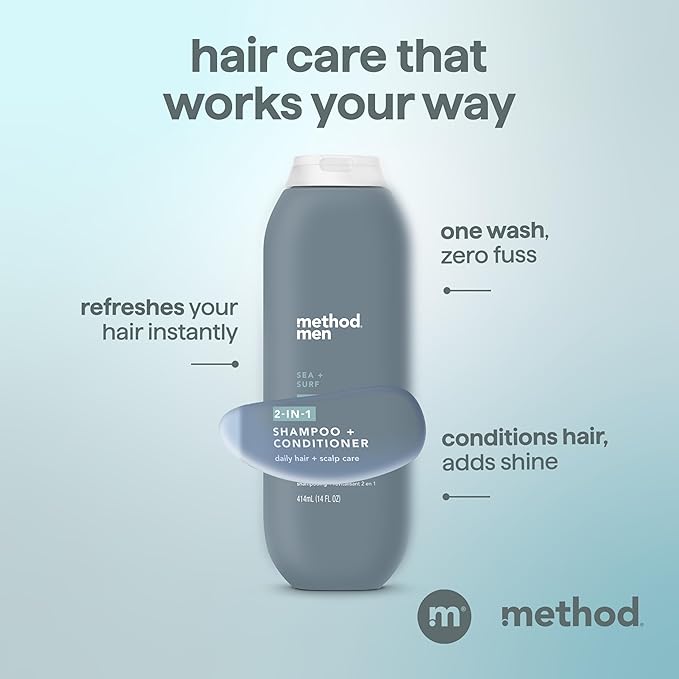 Method Men 2-in-1 Shampoo and Conditioner, Sea + Surf - Cleans and Conditions with Argan and Jojoba Oil - Paraben Free and Silicone Free - 14 Fl Oz, Pack of 1