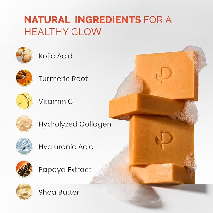 PLANTIFIQUE Kojic Acid Soap for Hyperpigmentation 4 Bars with Mesh Bag - Turmenic Soap with Hyaluronic Acid, Collagen, Vitamin C for Dark Spots - Vegan Skincare, 320g / 11.28 oz