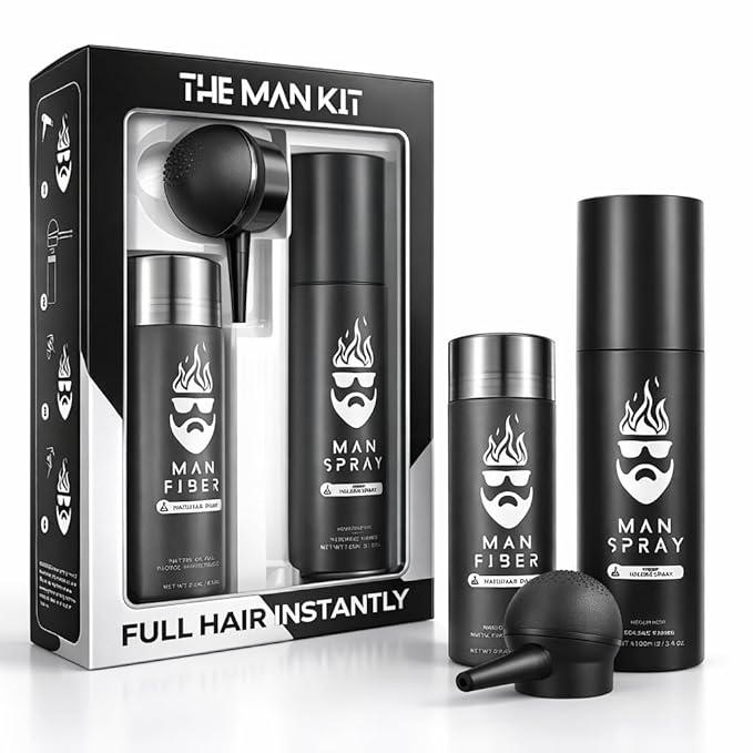 Hair Thickening Fibers (Black), Hair Fiber Locking Spray + Applicator Fiber Pump to create Natural looking Fuller Hair and Beard | Man Card Included | Hair Set by the THE MAN KIT