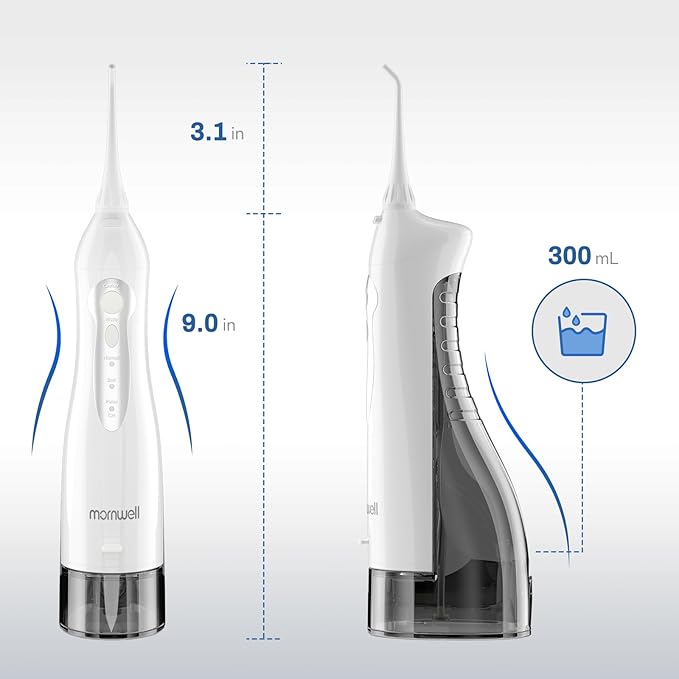 Mornwell Water Flosser Cordless, Water Flossers for Teeth - 300ML Tank and 4 Jet Tips, 3 Modes Portable Dental Oral Irrigator, Braces Care, Rechargeable Waterproof Portable Water Flosser