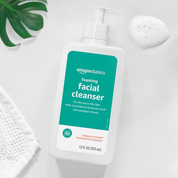 Amazon Basics Foaming Facial Cleanser with Ceramides & Hyaluronic Acid, Gentle Daily Face Wash, Non-Comedogenic, Fragrance-Free, 12 fl oz
