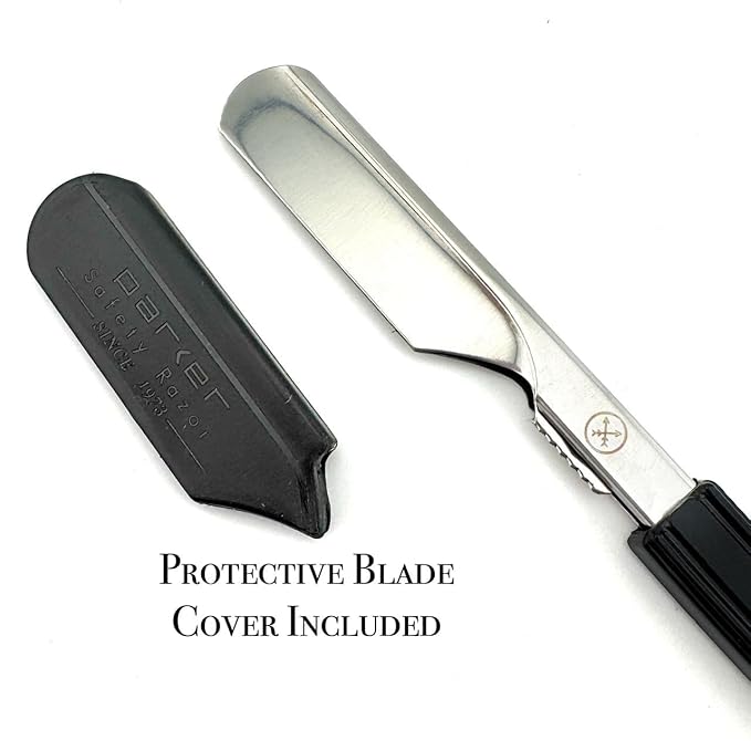 Parker Director Chrome Non-Folding Straight Barber Razor – Japanese-Style Shavette with Stainless Steel Arm, Ergonomic Black Handle & Blade Protector Cap – Ideal for Professionals - 5 Blades Included