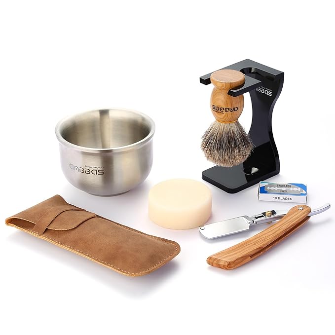 Anbbas Badger Shaving Brush,Stand,Shaving Soap and Bowl,Straight Razor with Bag,10pcs Blades,7in1 Kit for Men Close Shave