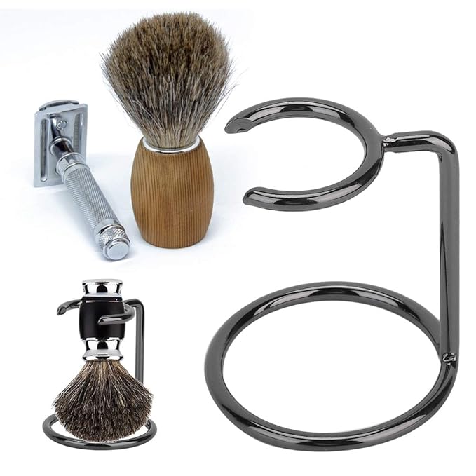 Razor and Shaving Brush Stand, Stainless Steel Shave Brush Holder Razor Storage Shaving Kit Fits Most Razors and Brushes for Salon Home Travel