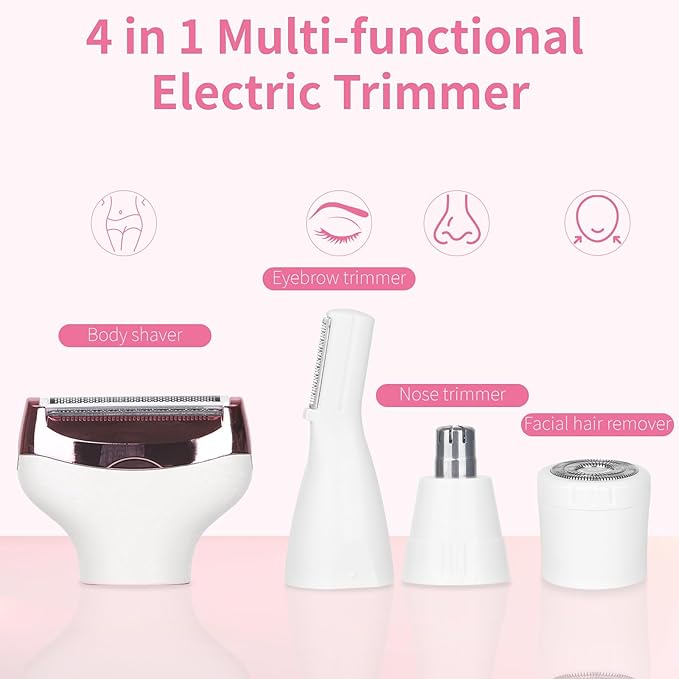 Electric Razor for Women Men with LED Display,4 in 1 Ladies Wet & Dry Body Razors and Facial Hair Remover, Rechargeable Hair Removal Kit for Nose Face Body Leg Bikini Arm Hair (White)