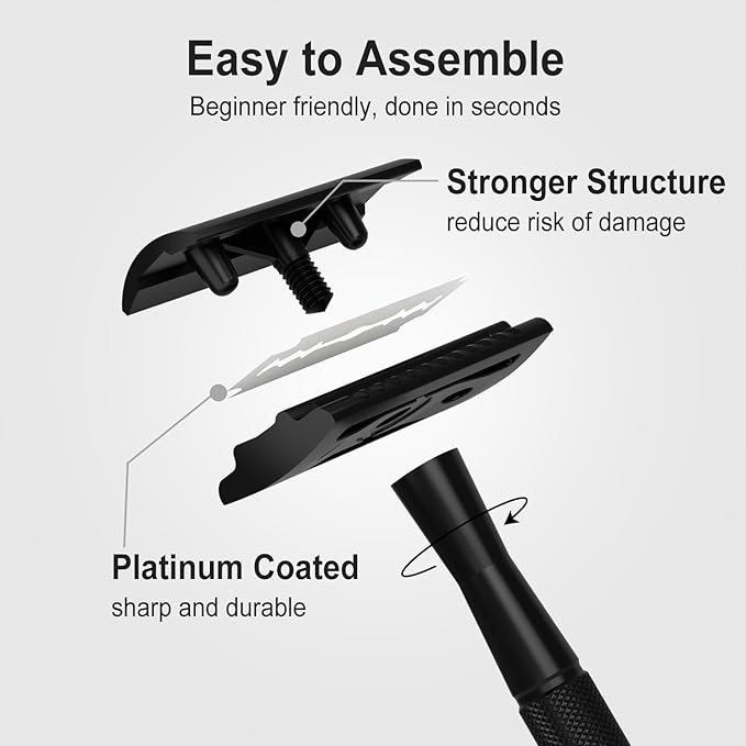 Safety Razor, Single Blade Razors for Men, Reusable Metal Razor, with 10 Double Edge Blades, Smooth Close Gentle Shave, Plastic Free, Matte Black