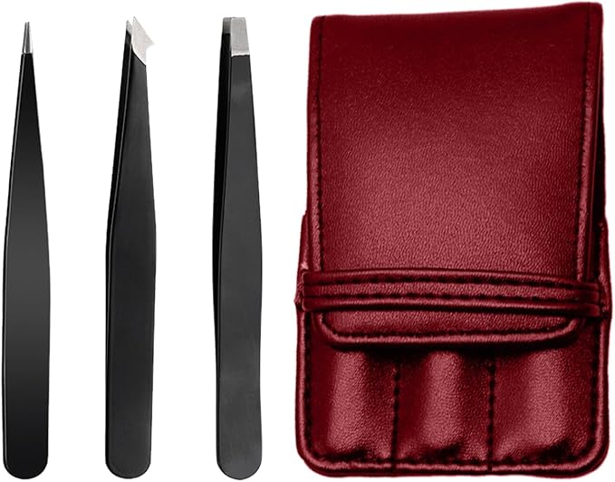 Eyebrow Tweezer Set 3-Piece for Women & Men - Professional Set with Case - Precision Tweezers Kit for Facial Hair, Splinter and Ingrown Hair Removal