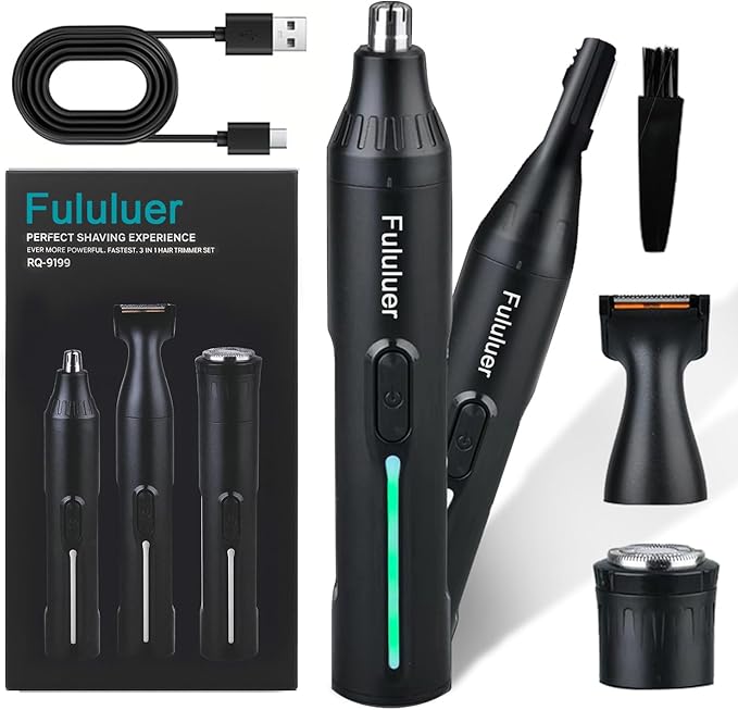 Fululuer Nose Hair Trimmer for Mens and Women | Rechargeable 4-in-1 Ear, Nose, Eyebrow & Beard Trimmers | 8500 RPM | USB Charging | Washable, LED Indicator (Jet Black)