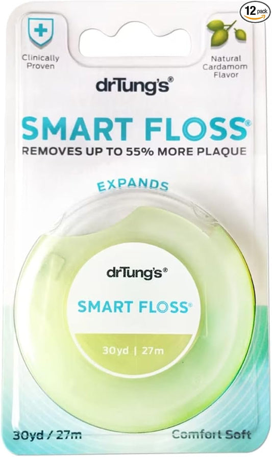 DrTung's Smart Floss - Natural Floss, PTFE & PFAS Free Floss, Gentle on Gums, Expands & Stretches, BPA Free Floss - Natural Dental Floss Cardamom Flavor (Pack of 12)