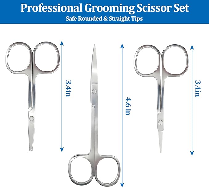 Professional Nose Hair Scissors Set, Stainless Steel Small Shears for Grooming Mustache, Beard Grooming Scissors for Men & Women, Eyebrow Ear Facial Trimmer (3 Pack)
