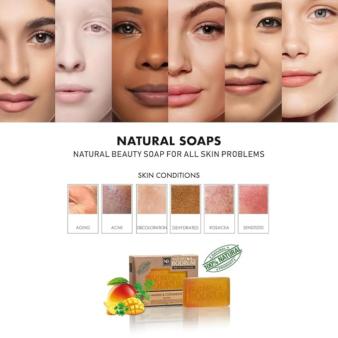Mango and Coriander Organic Soap Bar for Women and Men, Pack of 3 Glycerin Soap Bars - UV-Repair & Acne-Control Bar Soap with Beta-Carotene & Vitamin E - Natural & Vegan Spa Gift, for All Skin Types