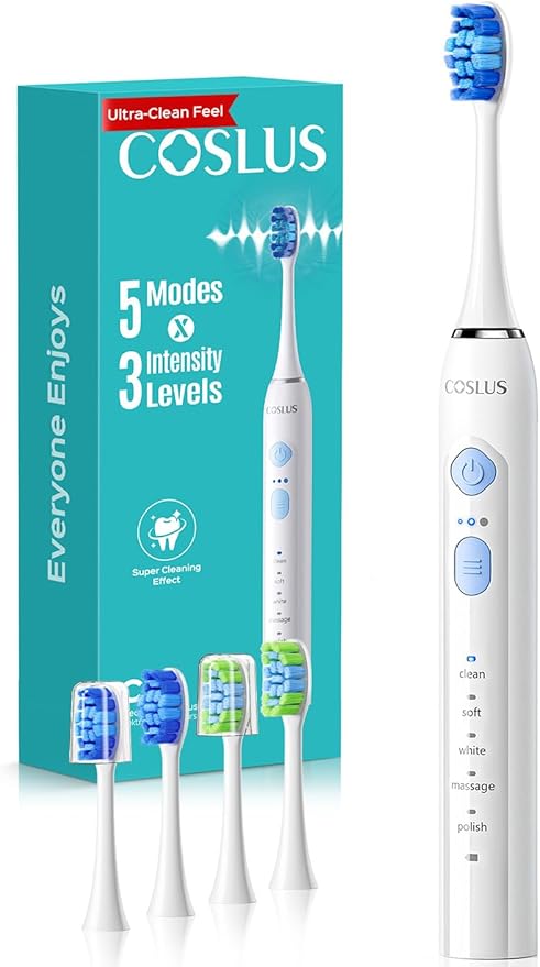 COSLUS C30 Electric Toothbrush for Adults & Kids: 3 Intensities & 5 Modes for Effective Yet Gentle Ultra-Clean Feel, 2 Types of Heads for Gentle & Daily Care, Travel & Family Use, Purple, 1PC