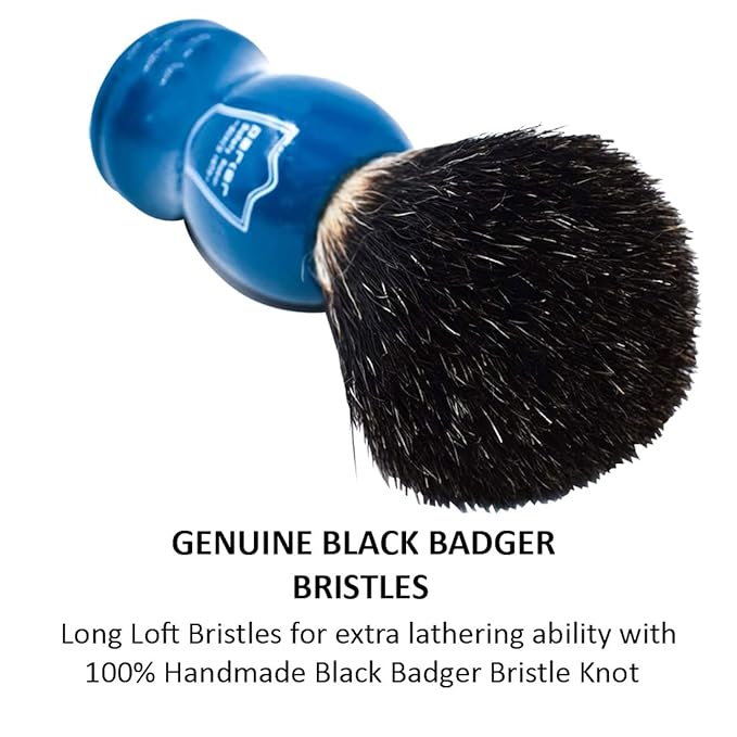 Parker 100% Black Badger Shaving Brush with Blue Wood Handle & Stand – Premium Wet‑Shaving Lather Brush for Men