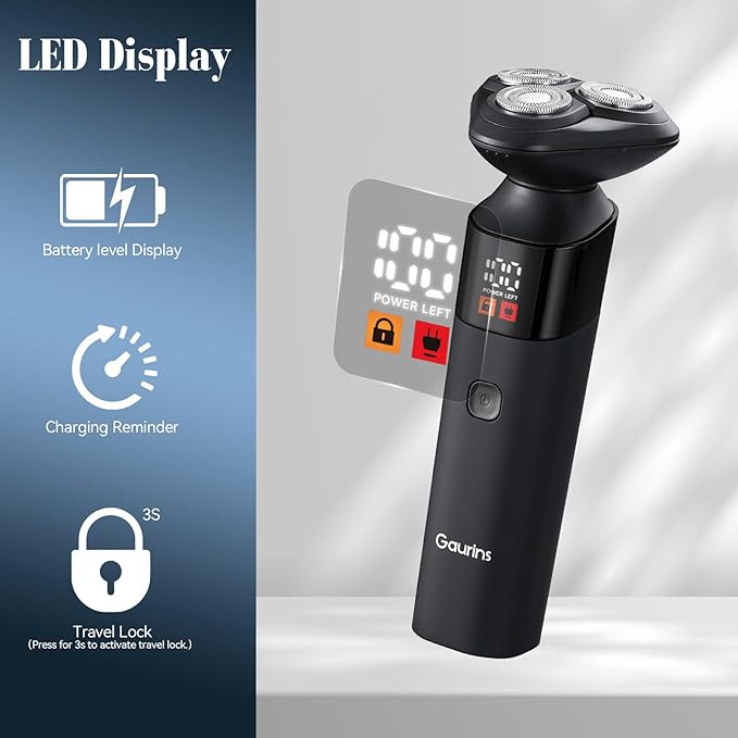 Electric Razor for Men,3 in 1 Men's Rotary Shavers with Charging Stand, IPX7 Waterproof Hygiene Trimmer for Beard/Nose/Sideburns, USB-C Fast Charging, LED Display Travel Lock,Matte Black