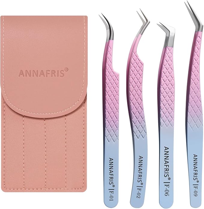 Eyelash Extension Tweezers,Fiber Tip Grip Boot Volume Lash Tweezers,Professional Pointed Lash Extension Tweezers for Easy Lash Application and Removal(4Pcs-F01/02/06/09)