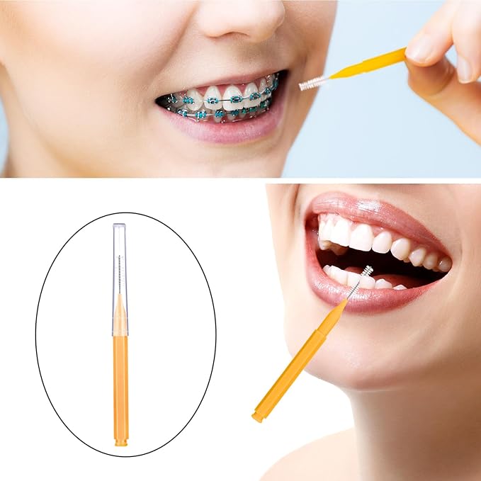 Patelai 100 Pieces Braces Brush for Cleaner Interdental Brush Toothpick Dental Tooth Flossing Head Oral Dental Hygiene Flosser Toothpick Cleaners Tooth Tool(Orange,Ideal Size)