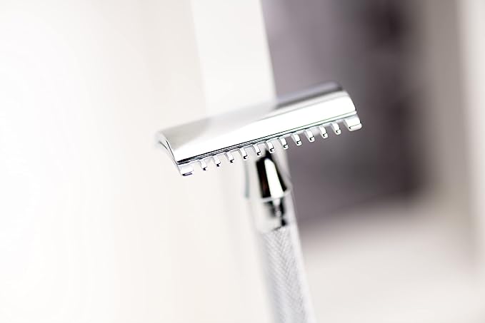 MERKUR 15C Double Edge Safety Razor in Bright Chrome with an Open Comb Design, Standard Handle, Made in Germany, Plastic-Free, Three-Piece Design, and Straight Bar
