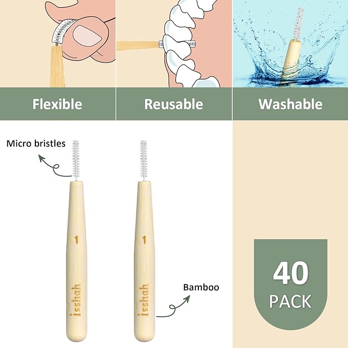 Bamboo Interdental Brushes, Between Teeth Cleaner Deep Clean Brush, 40 Count, Size 4, Medium Gaps