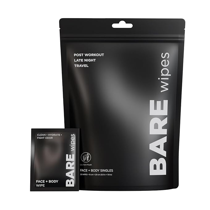 1 Pack, 20 Wipes - Portable Face and Body Wipes - Post Workout, Travel, Late Night, Pre Meeting - Powered By Tea Tree, Chamomile, Vitamin E, Aloe