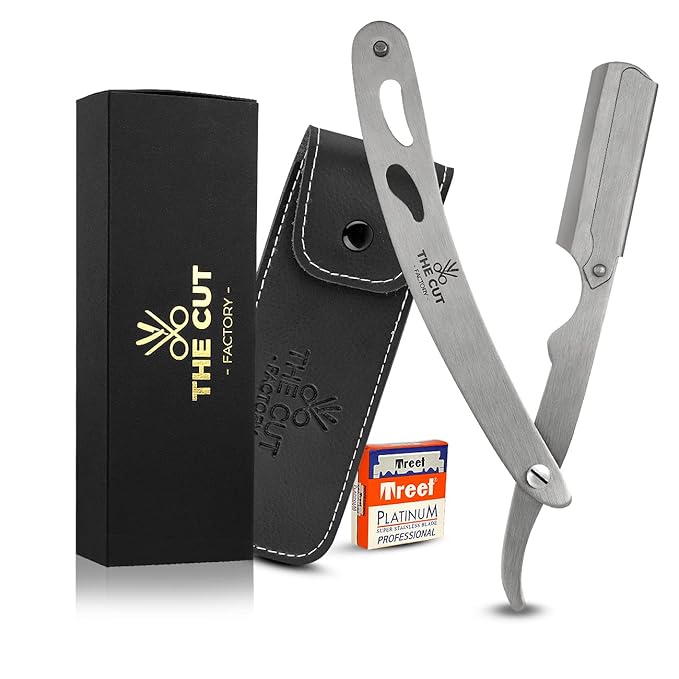The Cut- Factory- Exquisite Line Straight Razors for Men with Ultra Sharp Single Edge Blades Premium Matte Silver Coated Barber Straight Razor with Leather Pouch and Gift Box