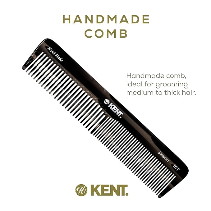 Kent 16T Black Graphite Fine and Wide Tooth for Daily Grooming,Handmade Styling Comb for All Hair Types,Wet or Dry Hair Detangling Comb for Men and Women,Saw Cut Hand Polished,Made in England