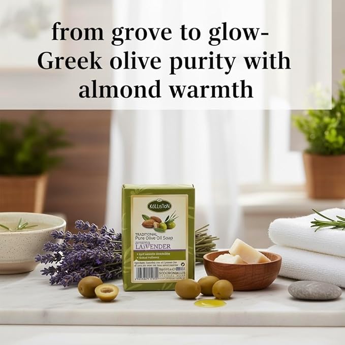Kalliston, French Lavender Soap Bar with Olive oil, All Skin Types, Nouishing and Moisturising, Bamboo Soap Dish Tray Included, Made in Greece, Pack of 3+1