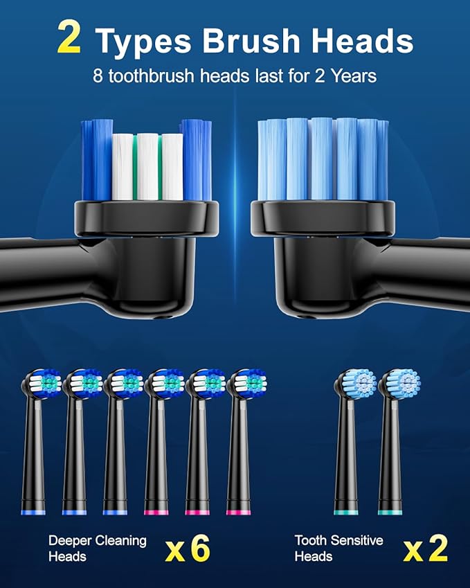 Rotating Electric Toothbrush for Adults, 8 Brush Heads (2 Types) & Travel Case, 5 Cleaning Modes Rechargeable Power Toothbrush with 2-Minute Smart Timer, Black