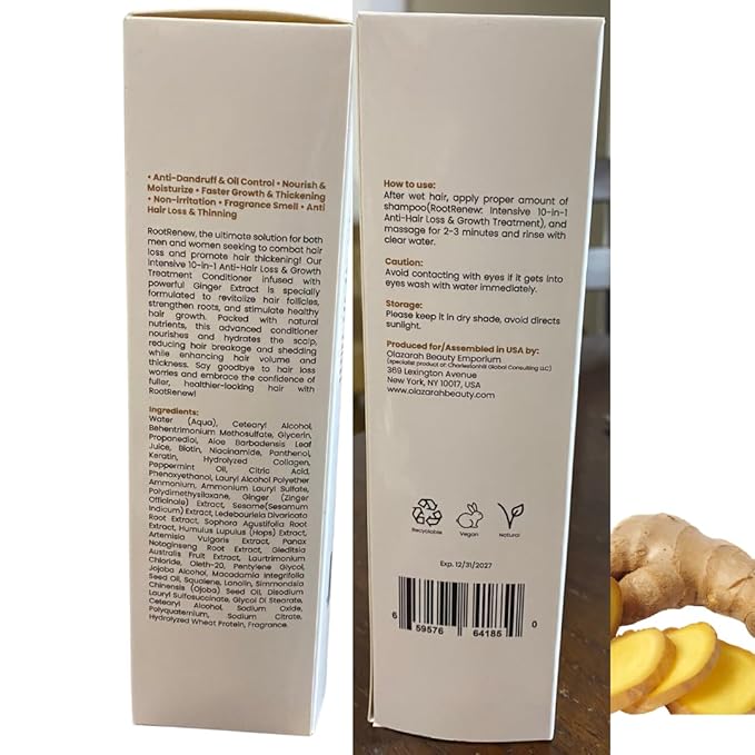 RootRenew Intensive 10-in-1 Anti-Hair Loss & Growth Treatment Conditioner w/Ginger Extract (for: Hair Thickening Men & Women), 8 Fl. oz